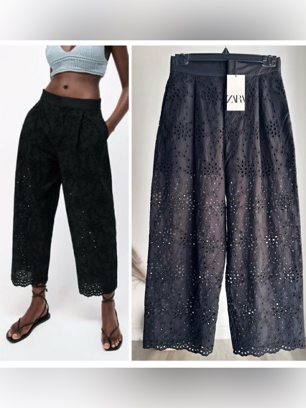 Zara Black Openwork Embroidery Eyelet‎ Cropped Trousers Size L NWT - Picture 5 of 16